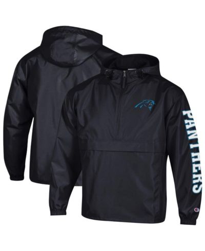 Champion Men's Black Carolina Panthers Packable Hooded Windbreaker Half-Zip Jacket