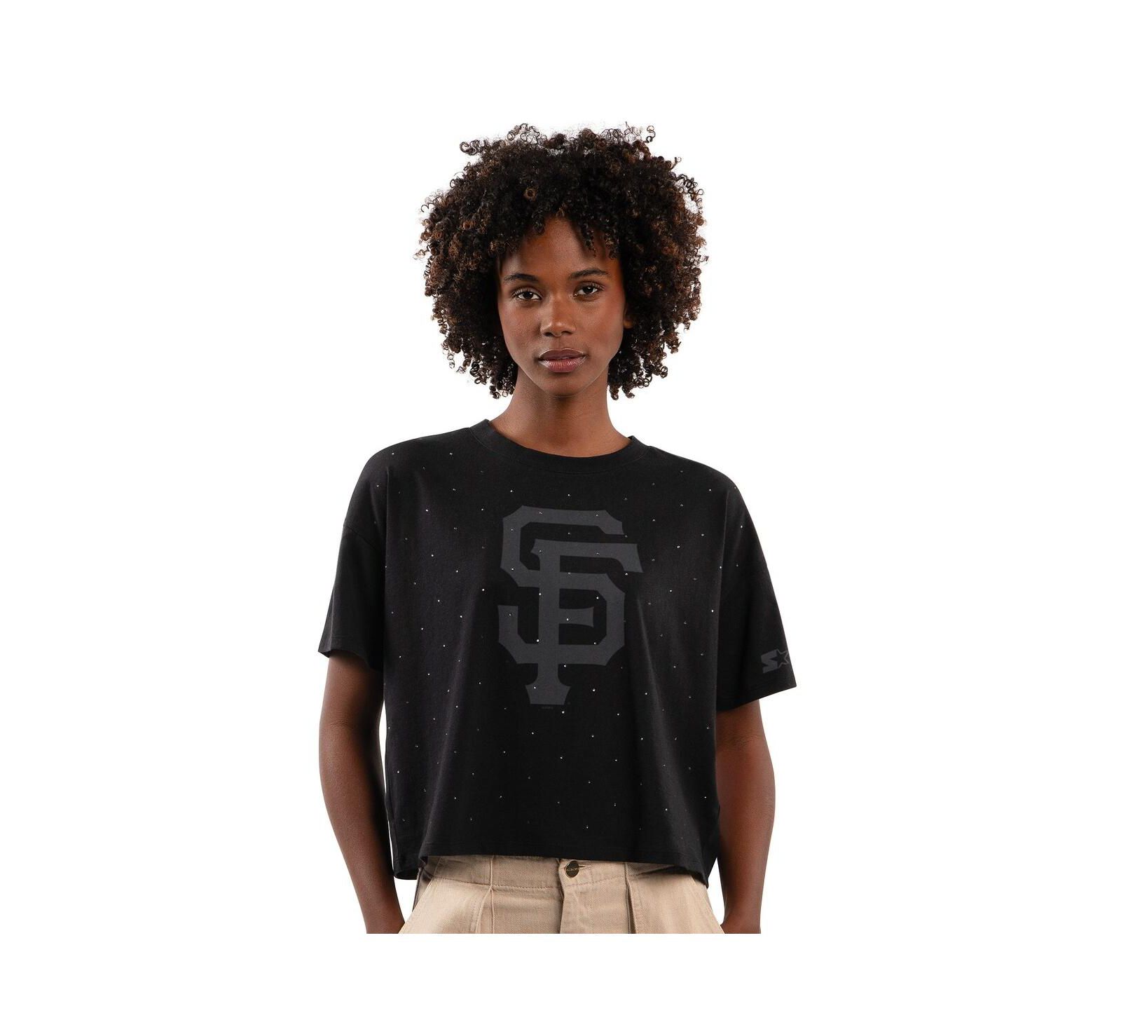 Starter Women's Black San Francisco Giants Rhinestone Sprinkle Boxy Cropped T-Shirt