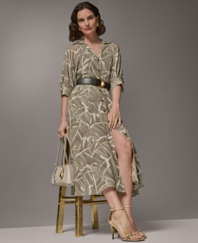 Donna Karan New York Women's Printed Collared Shirt Dress with Faux Leather Belt