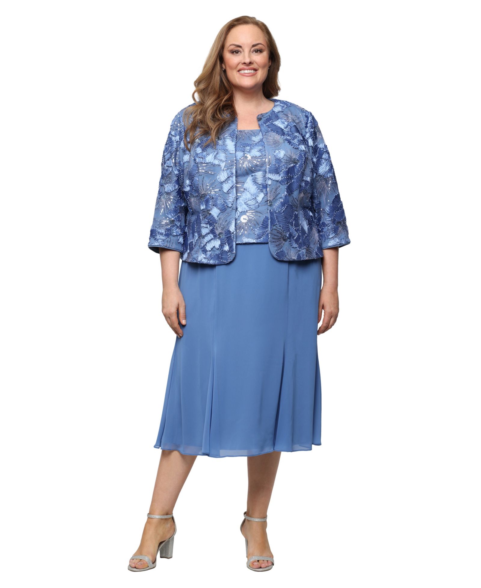 Alex Evenings Plus Size Scoop Neck Dress and Soutache Open Jacket, 2-Piece Set