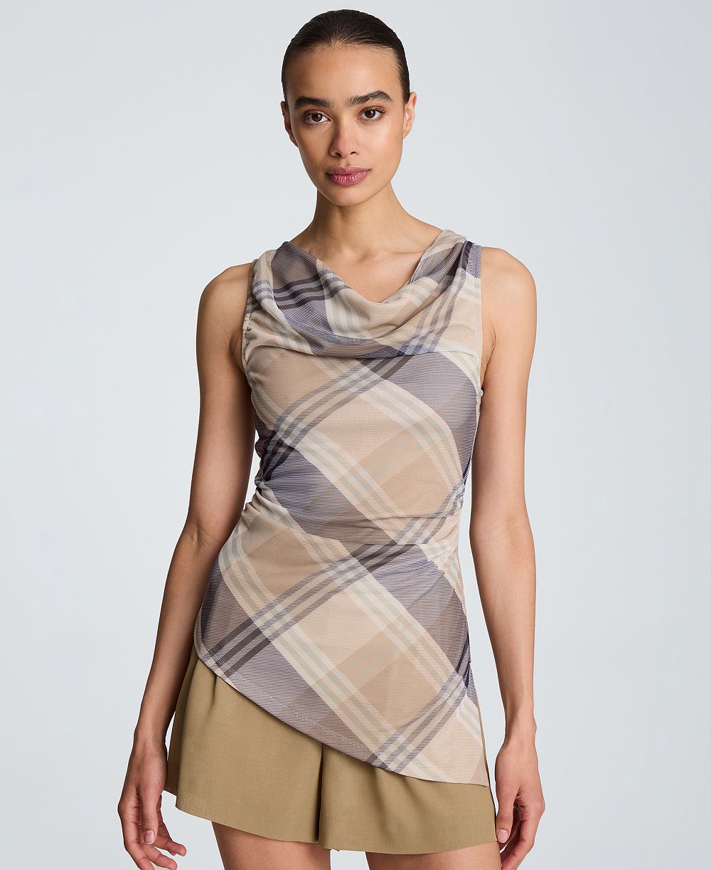 Kenneth Cole Women's Cowl Neck Asymmetric Mesh Top