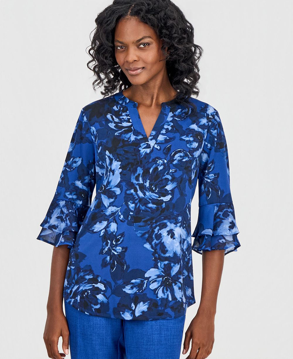 Kasper Women's Mixed-Media Tiered-Flutter-Sleeve Top