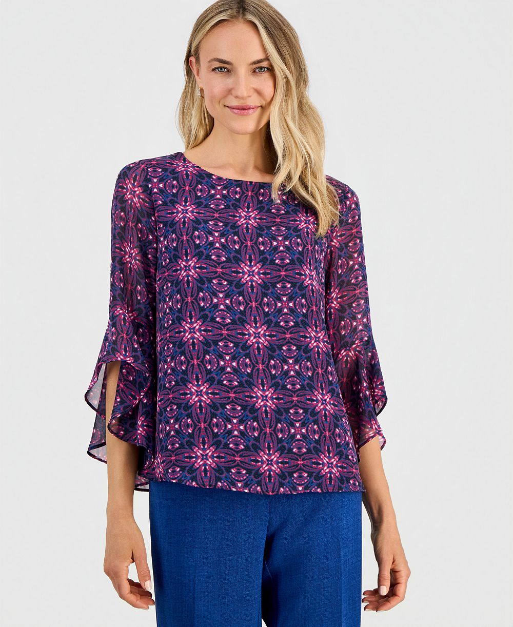 Женская блузка Kasper Printed Boat-Neck Ruffle-Sleeve