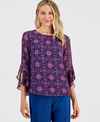 Женская блузка Kasper Printed Boat-Neck Ruffle-Sleeve