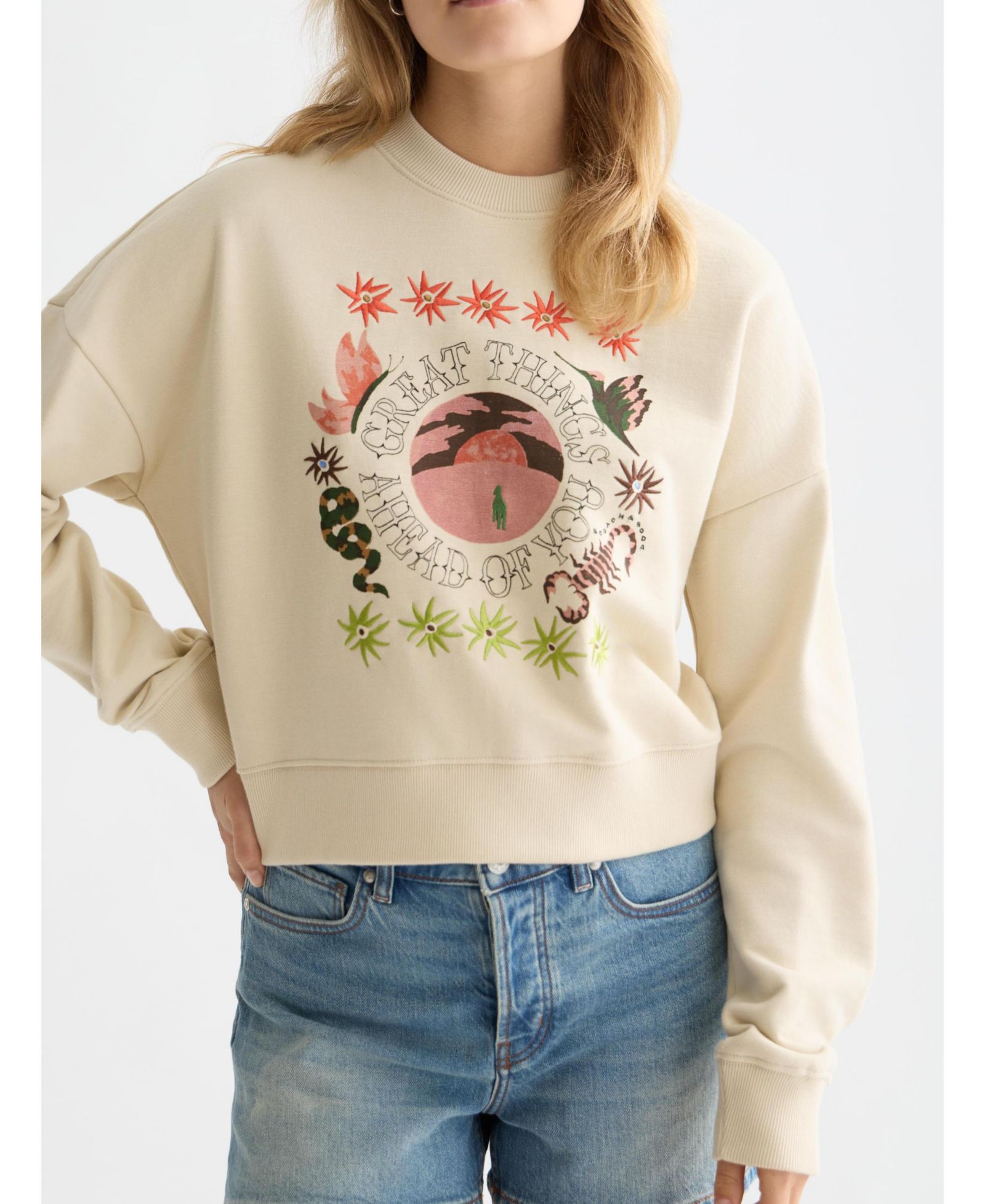 SCOTCH & SODA Women's Sweatshirts Artwork Relaxed-Fit Sweatshirt, Fog, X-Small