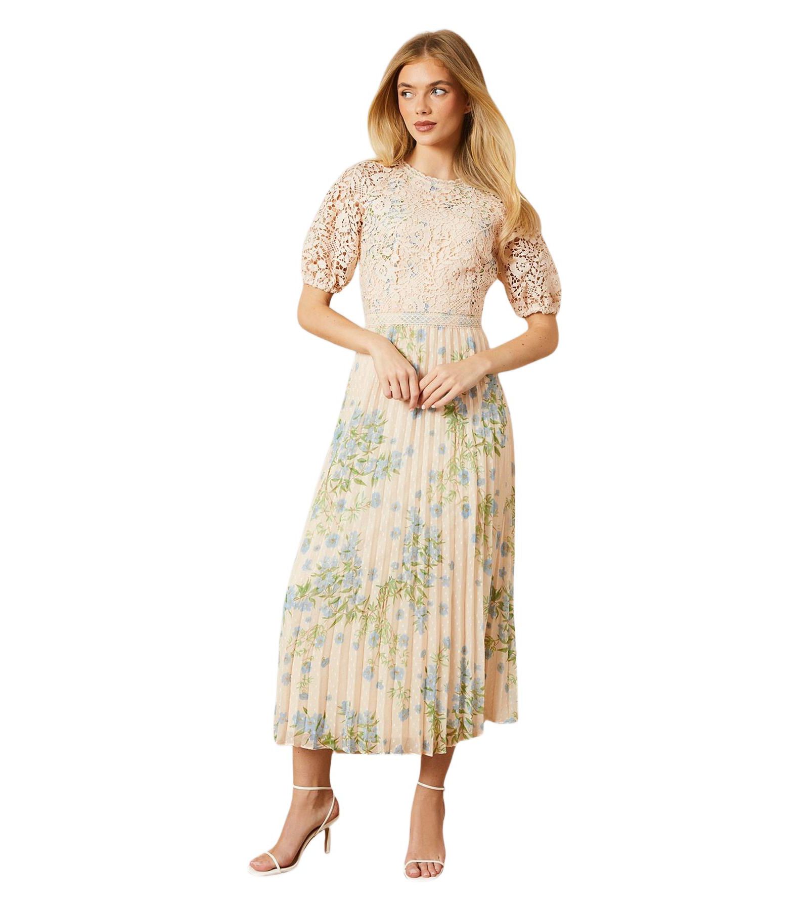 Oasis Women's Floral Lace Bodice Pleated Midi Dress