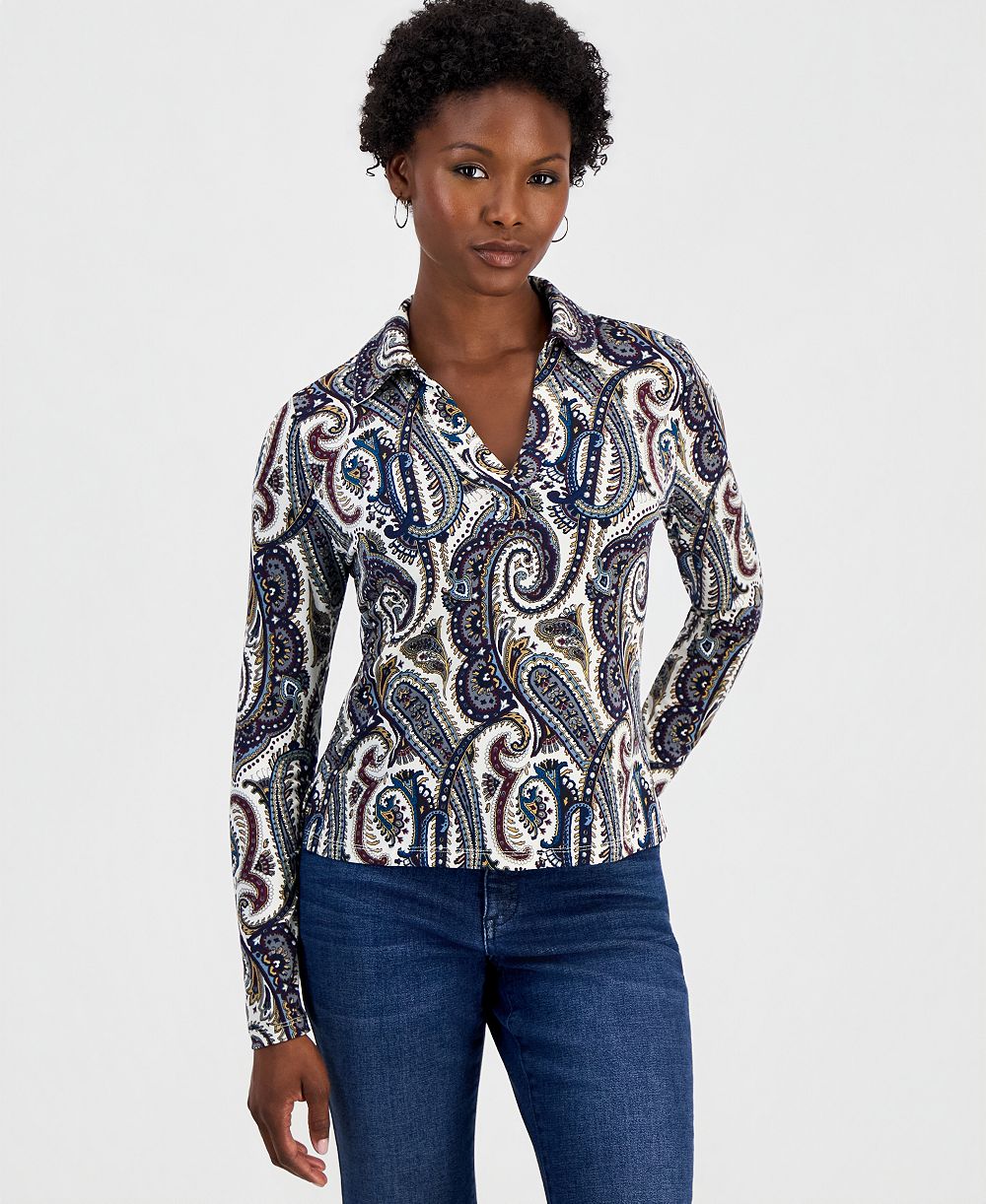 Блузка I.N.C. International Concepts Petite Paisley с длинным рукавом и воротником Johnny