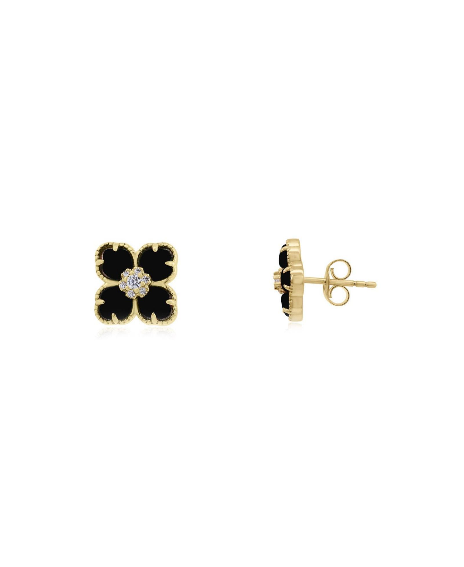 The Lovery Onyx CZ Flower Stud Earrings 14K Gold-Plated Sterling Silver
