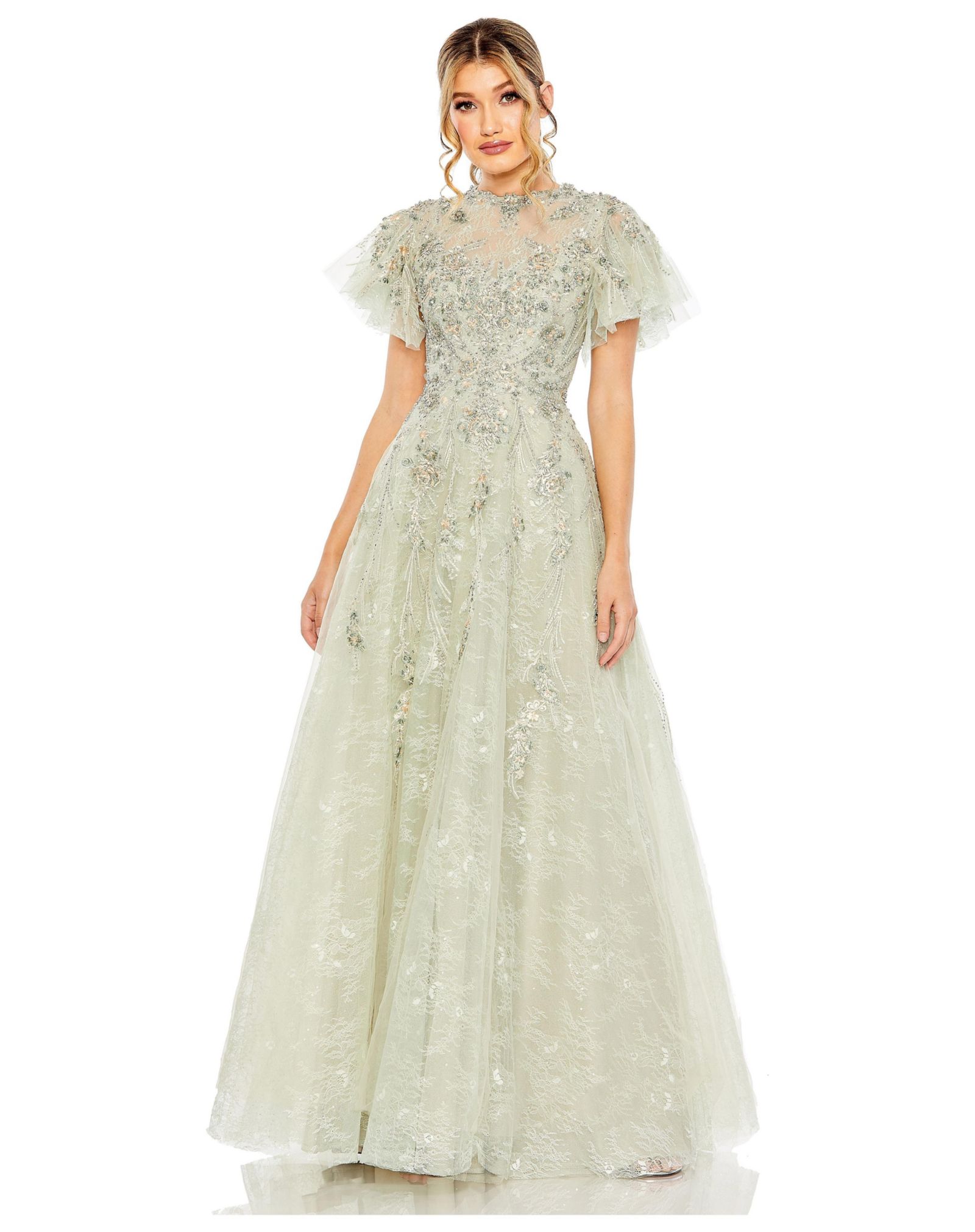 Mac Duggal Women's Illusion Neck Beaded Lace Flutter Sleeve Ball Gown