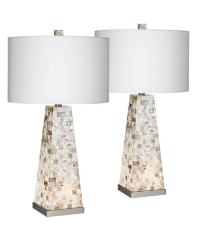 Possini Euro Design Coastal Table Lamps 29" Tall Set of 2 with Nightlight Mother of Pearl Handmade Drum Shade for Bedroom