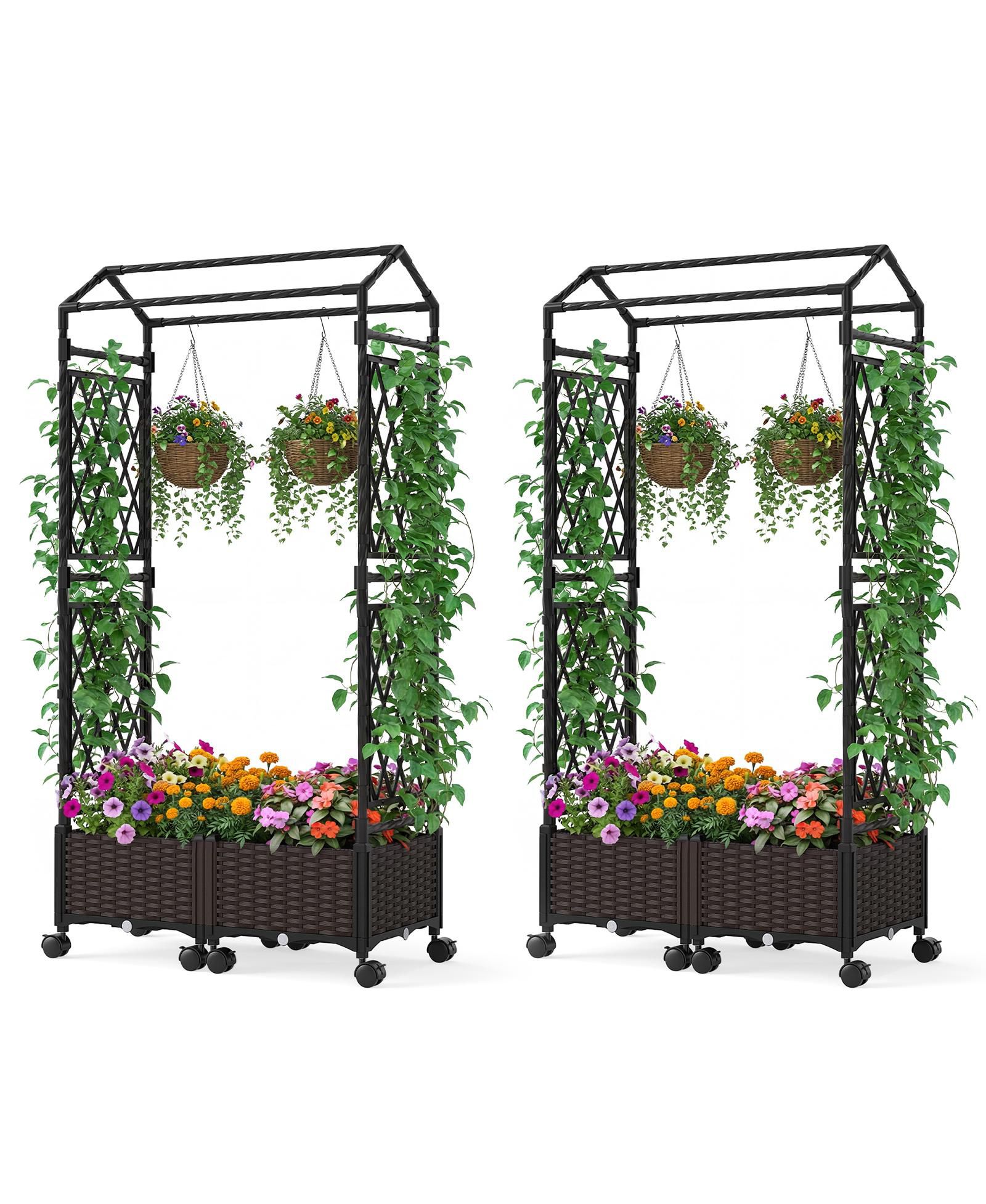 Набор из 2 ящиков для растений Gymax Self-Watering Planter Boxes с решеткой и крышей