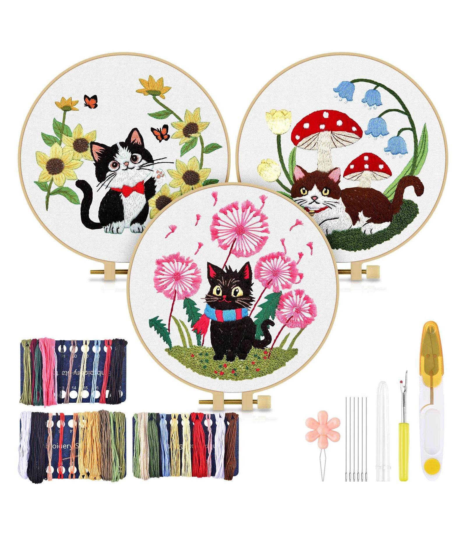 GNUADZ Embroidery Kit Cat Beginners Cloth Hoops Threads Hand Craft