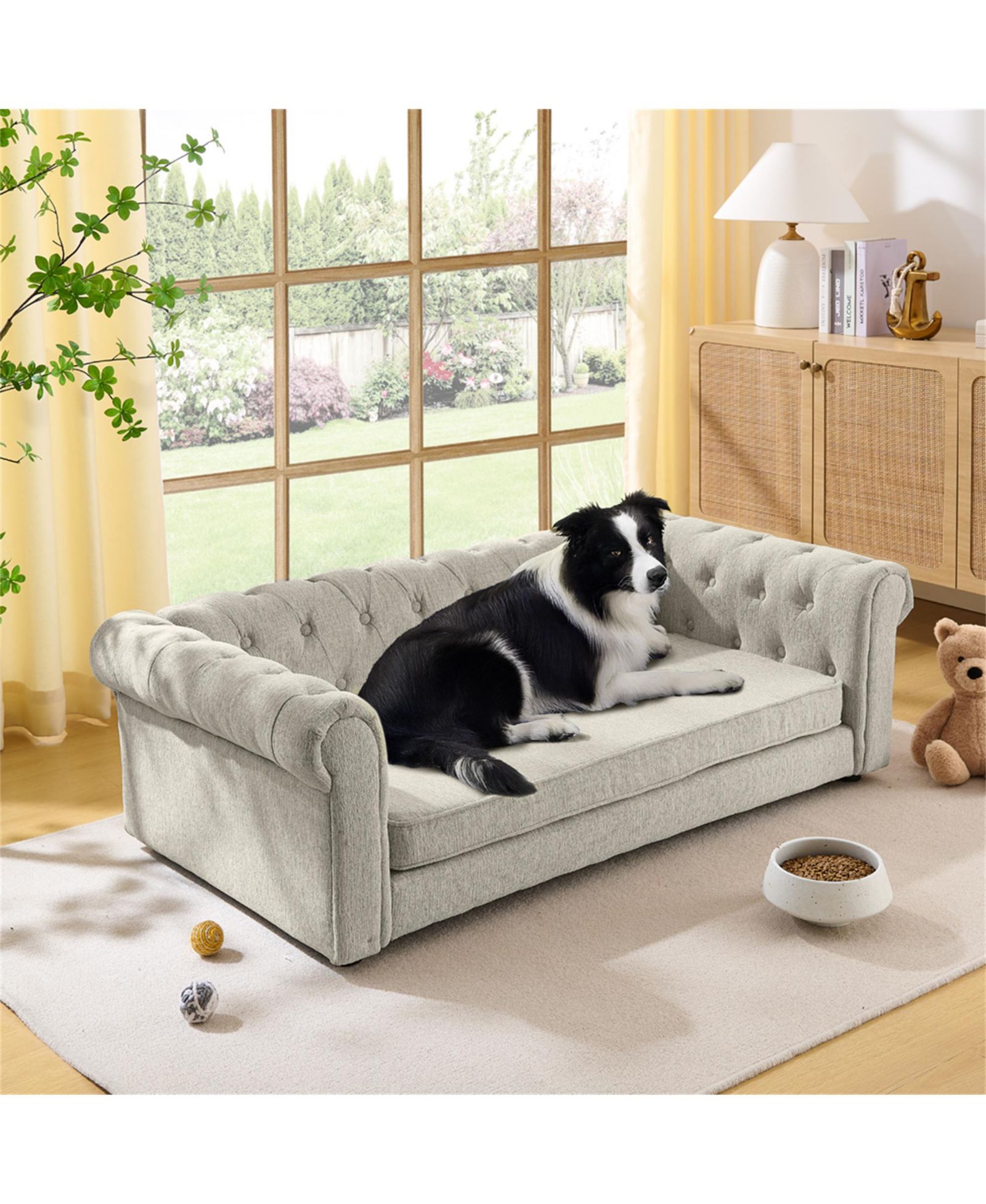 Clihome Elevated Dog Sofa Bed, 55 Inch Durable Linen Fabric Pet Couch for Big and Oversized Dogs