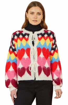 Yumi Women's Tie Front Heart Intarsia Cardigan