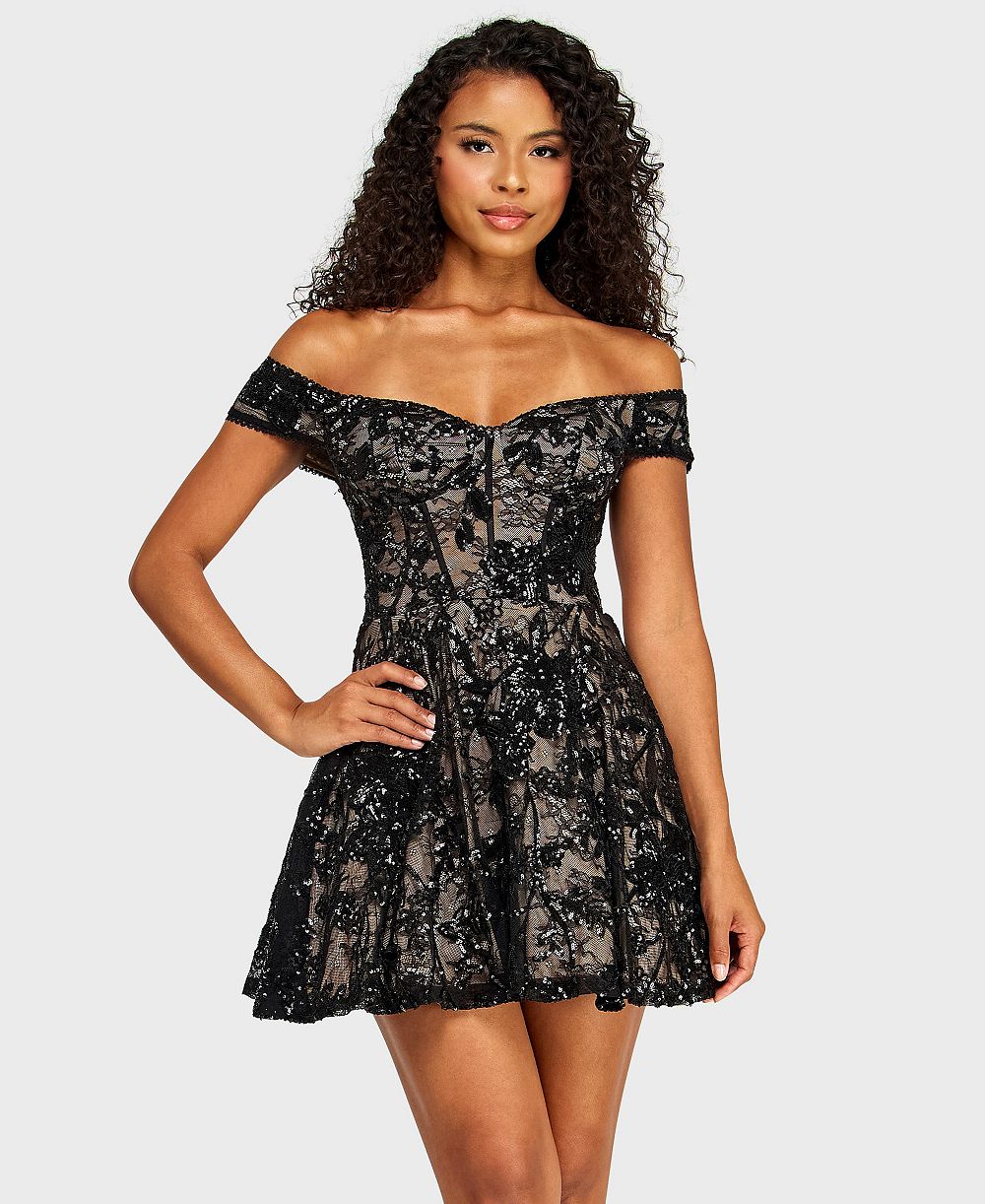 Alex & Sophia Juniors' Off-The-Shoulder Lace Sequin Corseted Dress