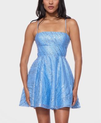 B Darlin Juniors' Straight Neck Sequin Empire Waist Glitter Patterned Dress