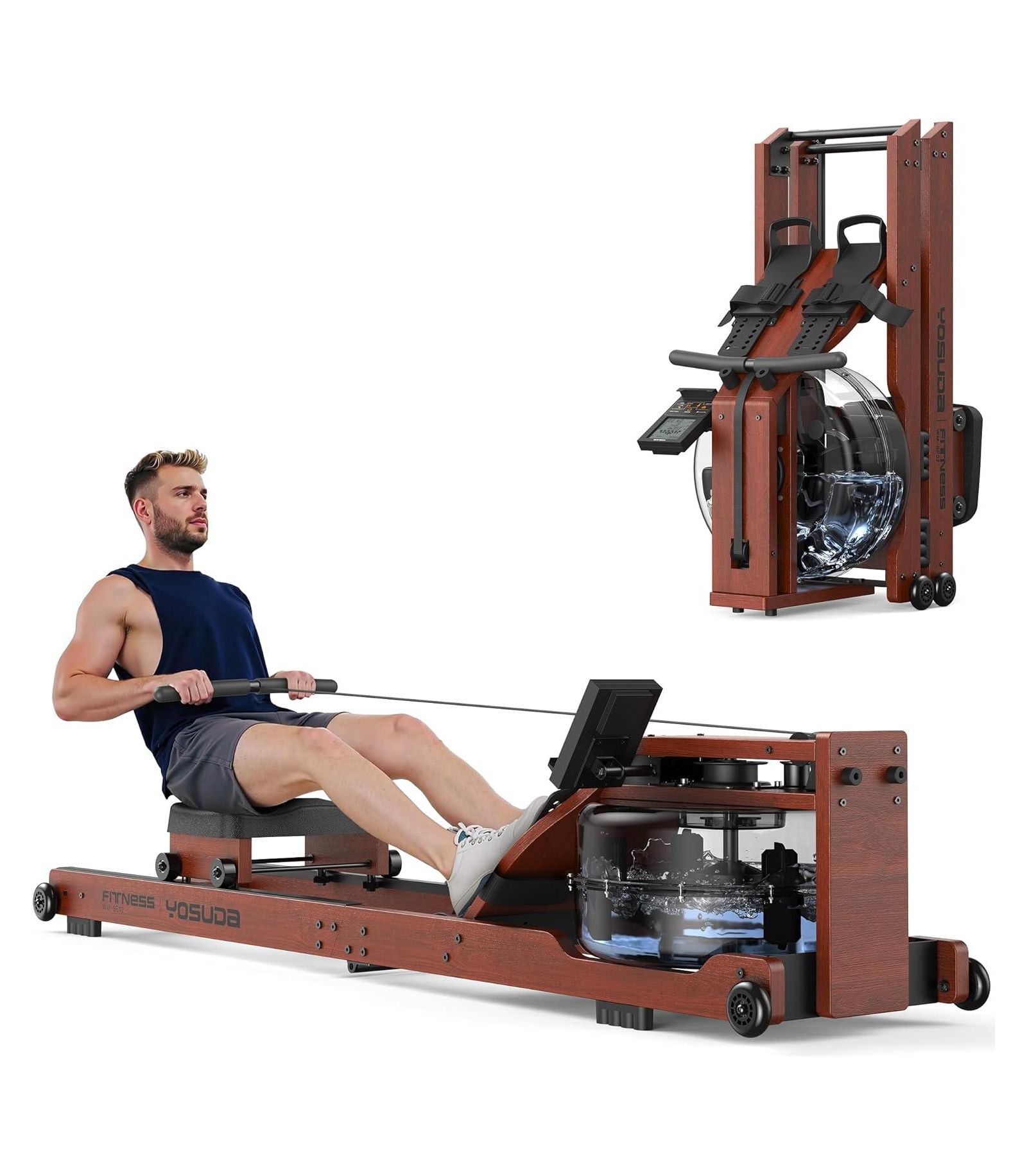 FED FITNESS Wood Water Rowing Machine for Home Use, Foldable Rower 400LBS Weight Capacity with Monitor and Bluetooth APP, Comfortable Seat