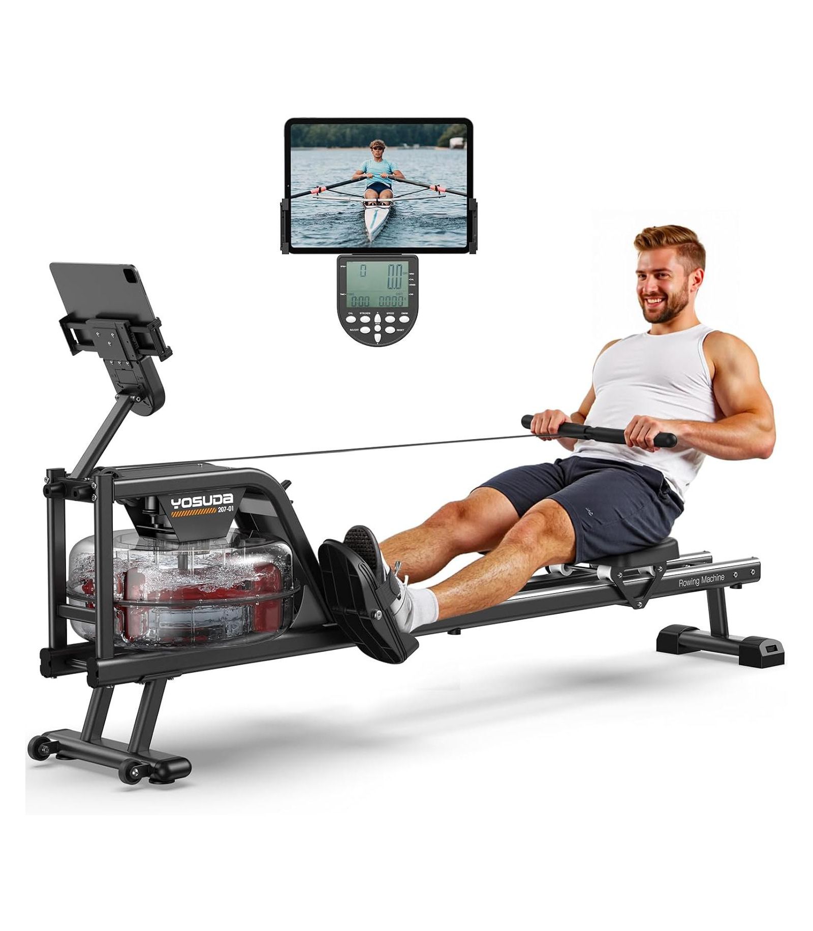 FED FITNESS Dual Rail Water Rower с Bluetooth App Sync, Smooth and Stable Rowing Machine