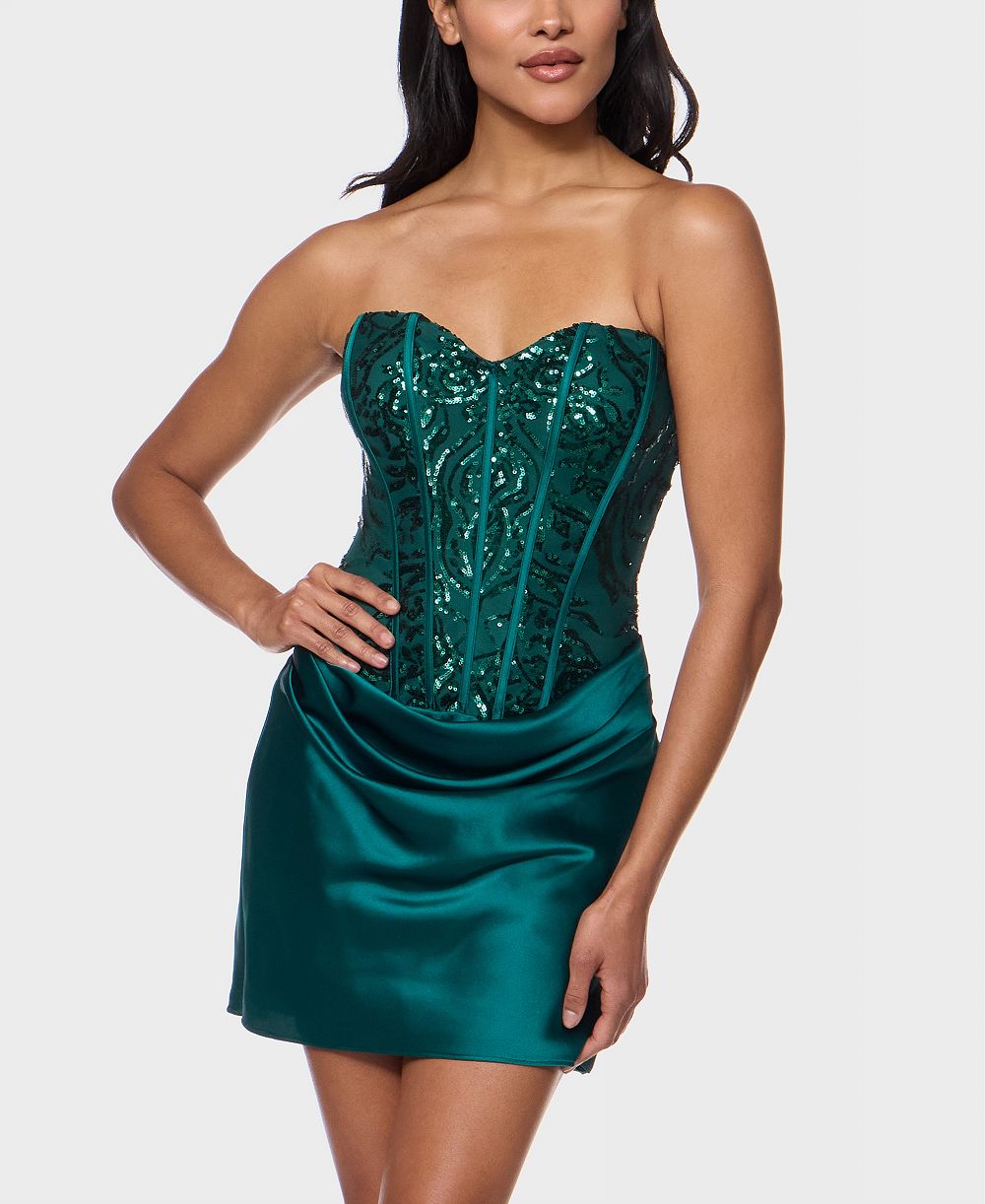 Alex & Sophia Juniors' Sequin Pattern Corseted Draped Skirt Satin Mini Dress