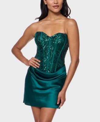 Alex & Sophia Juniors' Sequin Pattern Corseted Draped Skirt Satin Mini Dress