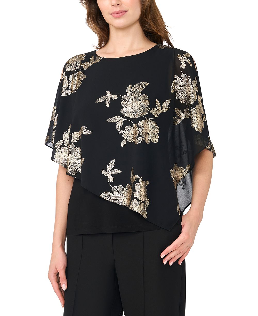 MSK Women's Foil Floral-Print Cold-Shoulder Cape-Sleeve Top