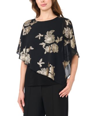 MSK Women's Foil Floral-Print Cold-Shoulder Cape-Sleeve Top