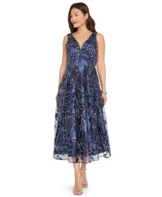 Tahari ASL Women's Floral Metallic Soutache A-Line Midi Dress