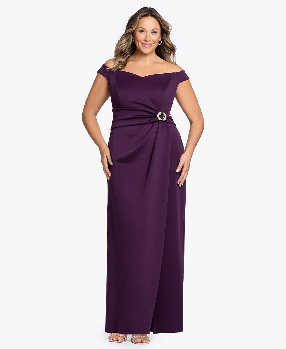 Betsy & Adam Plus Size Asymmetrical Off-The-Shoulder Gown Dress