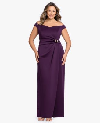 Betsy & Adam Plus Size Asymmetrical Off-The-Shoulder Gown Dress