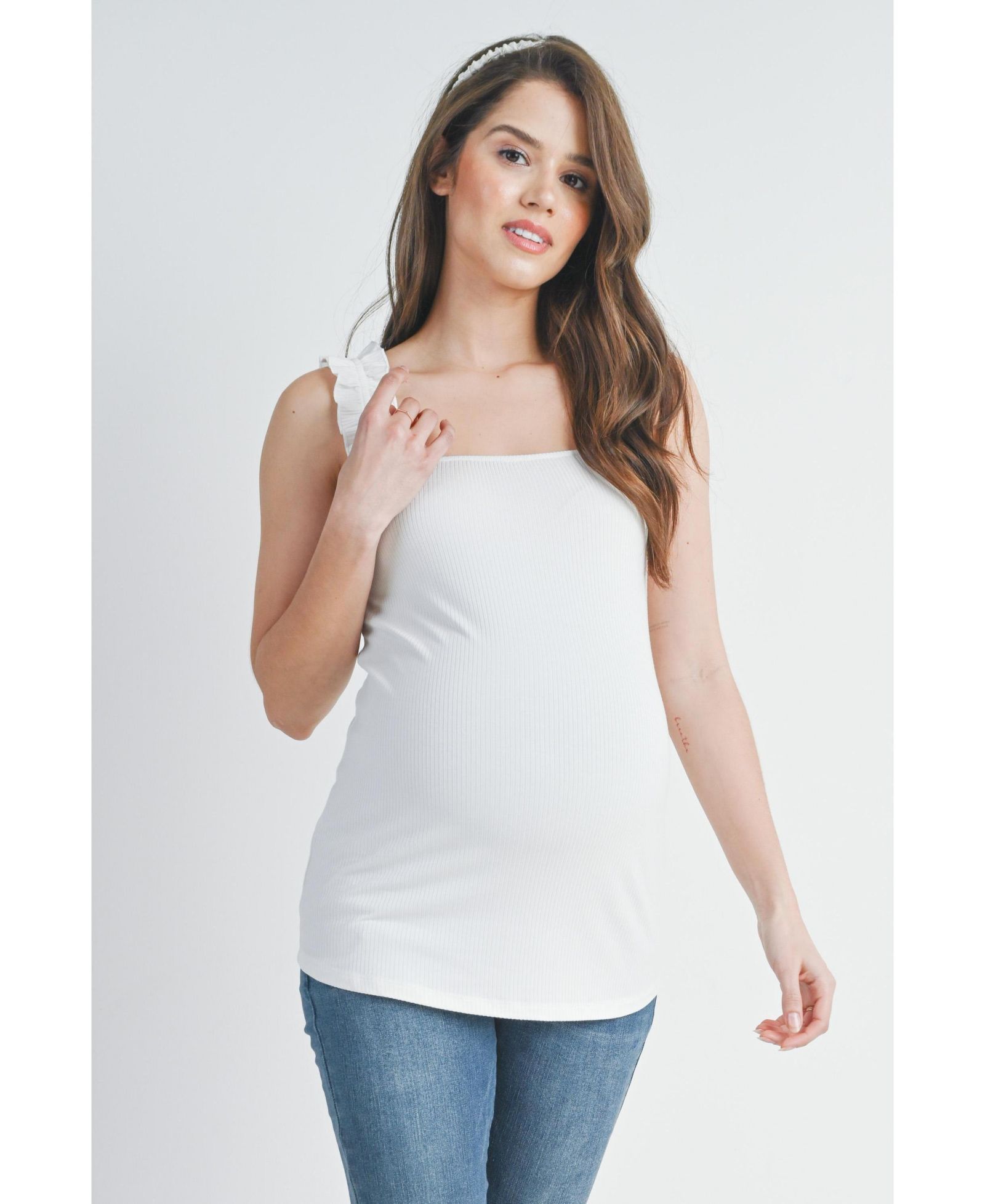 Hello Miz Maternity Square Neck Ribbed Tank Top with Ruffled Straps