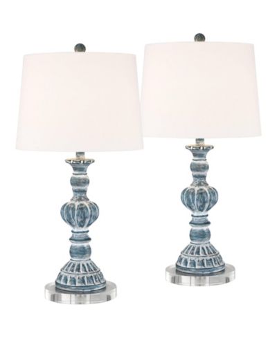 Regency Hill Tanya Coastal Country Cottage Table Lamps Set of 2 with Round Risers 27.5 Inches Tall Fabric Shade for Bedroom Living Room