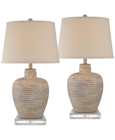 Regency Hill Glenn Rustic Farmhouse Table Lamps Set of 2 with Square Risers 28.5 Inches Tall Fabric Drum Shade for Bedroom