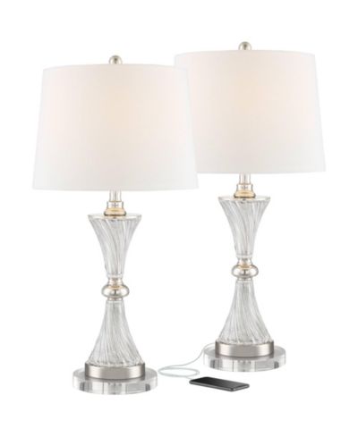 Regency Hill Luca Modern Table Lamps Set of 2 with Round Risers 26.5 Inches High Glass USB Charging Port Fabric Drum Shade for Living Room Desk Office