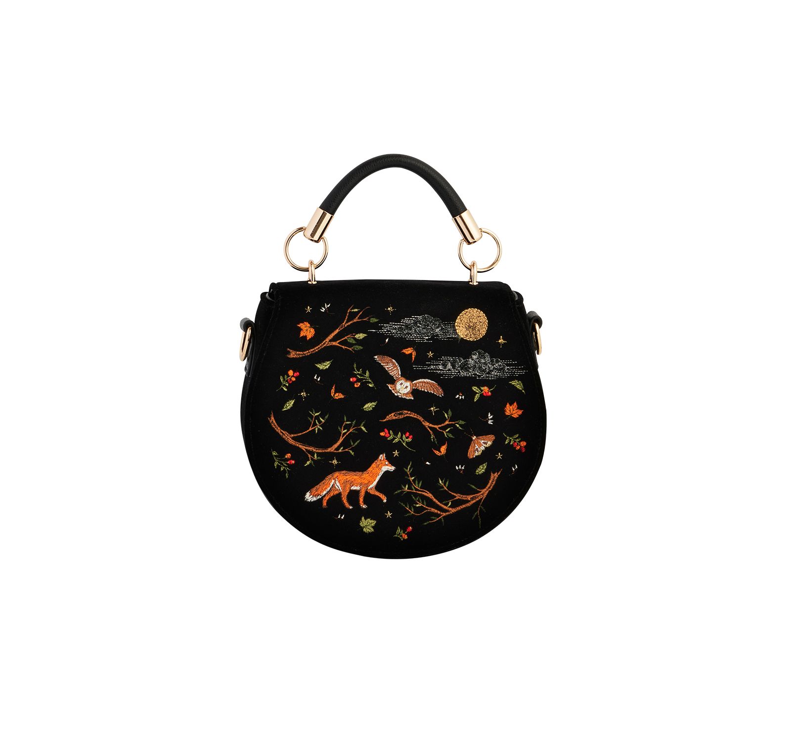 Fable England Fox And Owl Embroidered Top Handle Saddle Bag