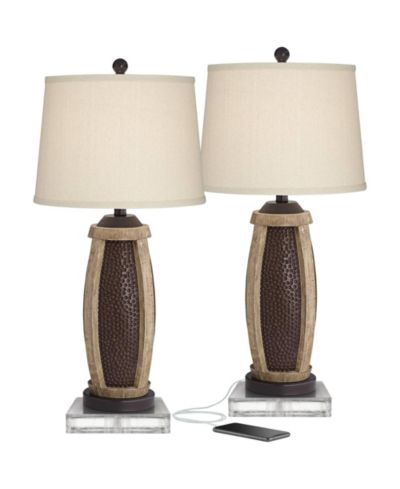 John Timberland Parker Industrial Table Lamps Set of 2 with Square Risers 30" Tall Bronze Wood USB Charging Port Oatmeal Drum Shade for Living Room