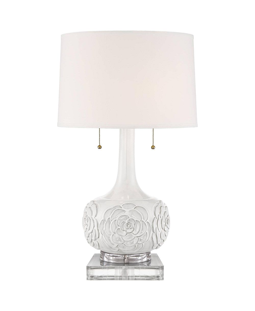 Possini Euro Design Natalia Modern Country Cottage Table Lamp with Square Riser 28.5 Inches Tall Ceramic Drum Shade for Bedroom Living Room
