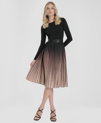 DKNY Women's Pleated Jewel Neck Belted Midi Dress