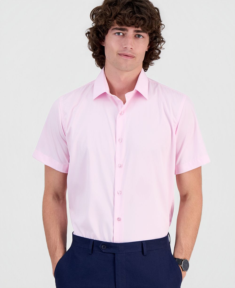 Suslo Couture Men's Slim-Fit Four-Way Stretch Solid Short-Sleeve Dress Shirt