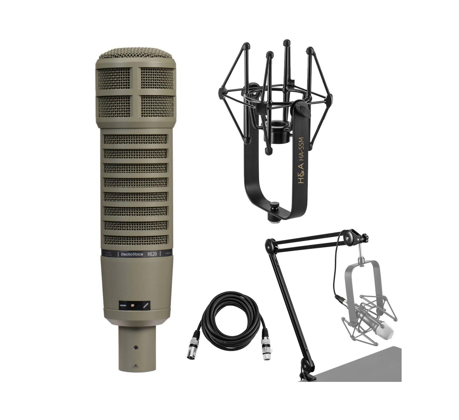 Electro-Voice RE20 Microphone, Broadcast Arm, ShokMount, 15' XLR Cable