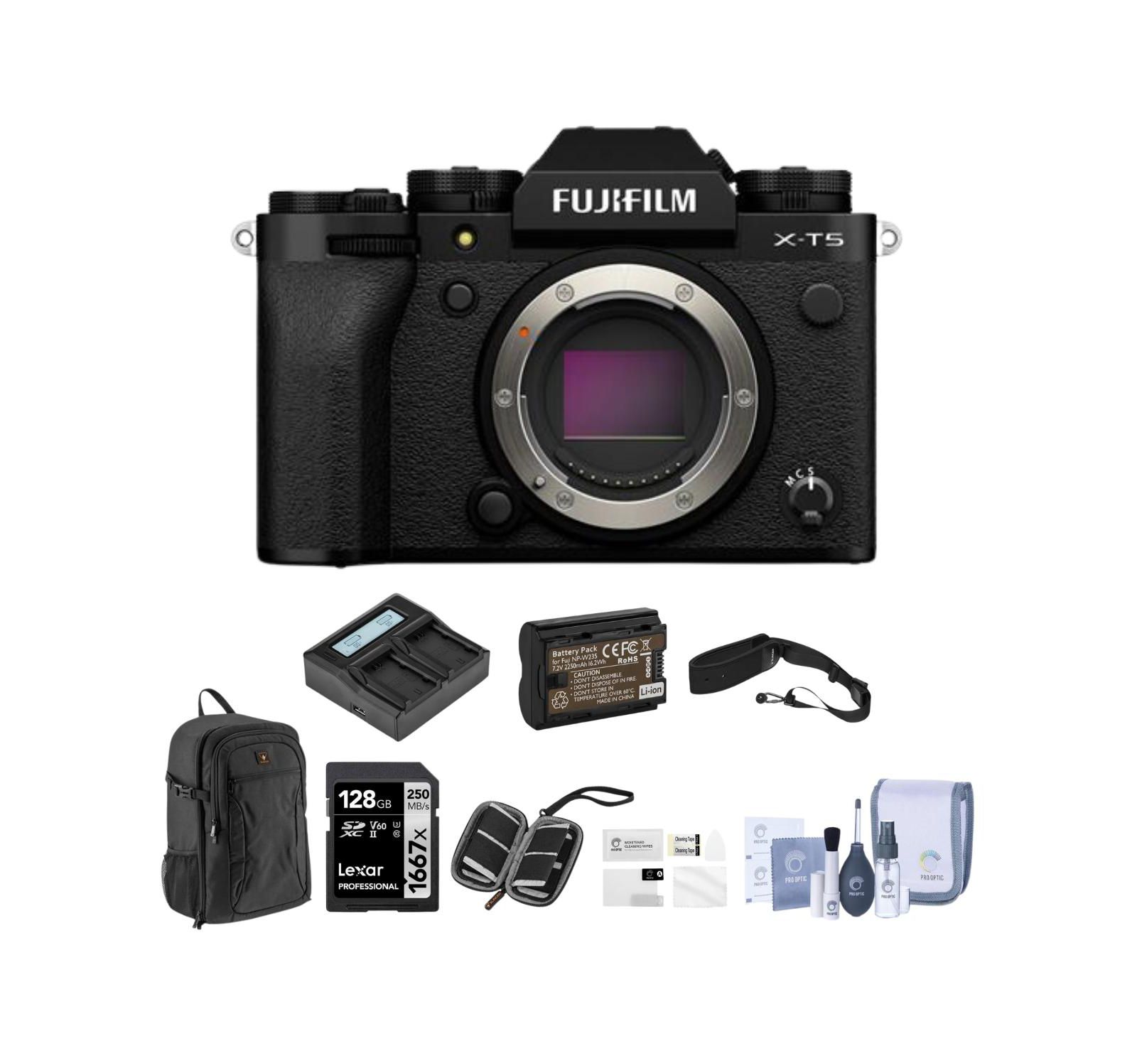 Комплект Fujifilm X-T5: беззеркальная камера, 128GB SD, рюкзак, 2 аккумулятора, зарядное устройство, защитное стекло, ремешок, чехол для SD