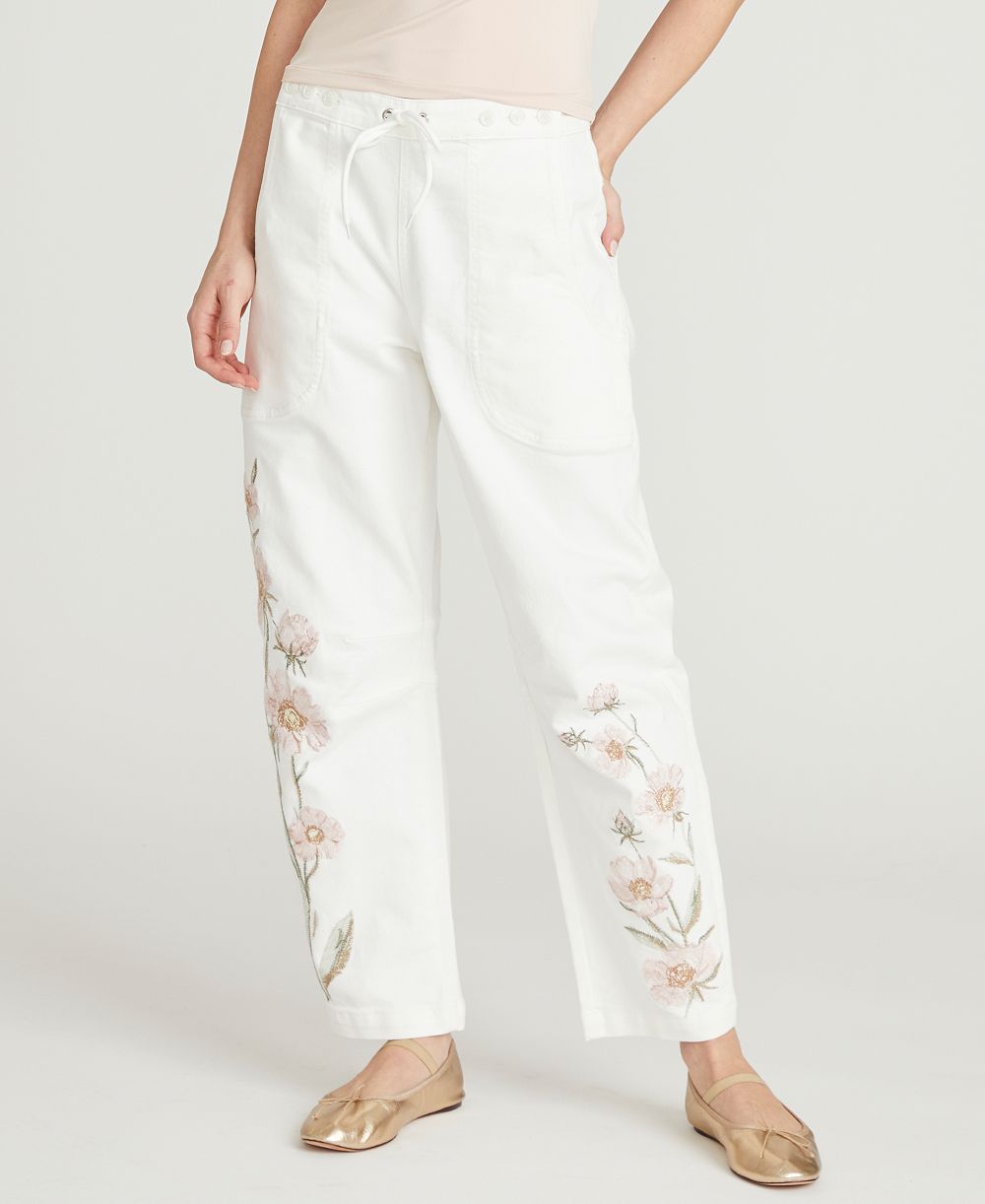 Driftwood Women's Twyla Barrel Floral Embroidered Jeans
