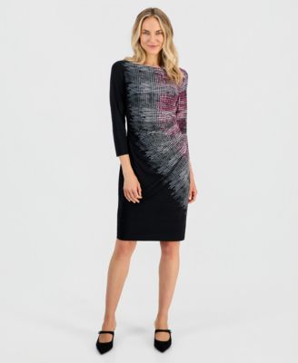 Kasper Petite Boat-Neck Side-Pleat 3/4-Sleeve Dress