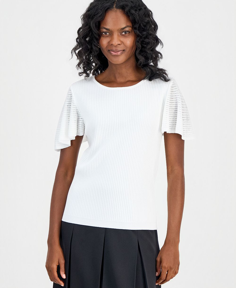 Kasper Petite Crewneck Flutter-Sleeve Rib-Knit Sweater