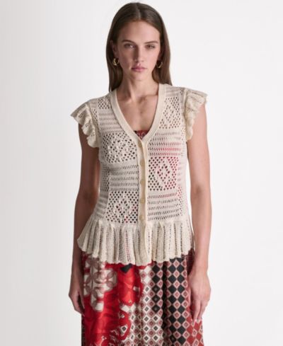BCBG Women's Open Stitch V-Neck Cardigan Sweater