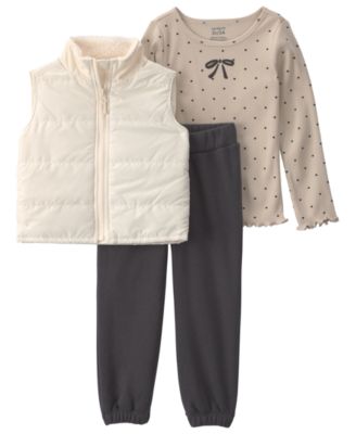 Carter's Toddler Girls' 2T-5T Bow Polka Dots Fleece Long-Sleeve Layering Top, Vest and Joggers, 3-Piece Set