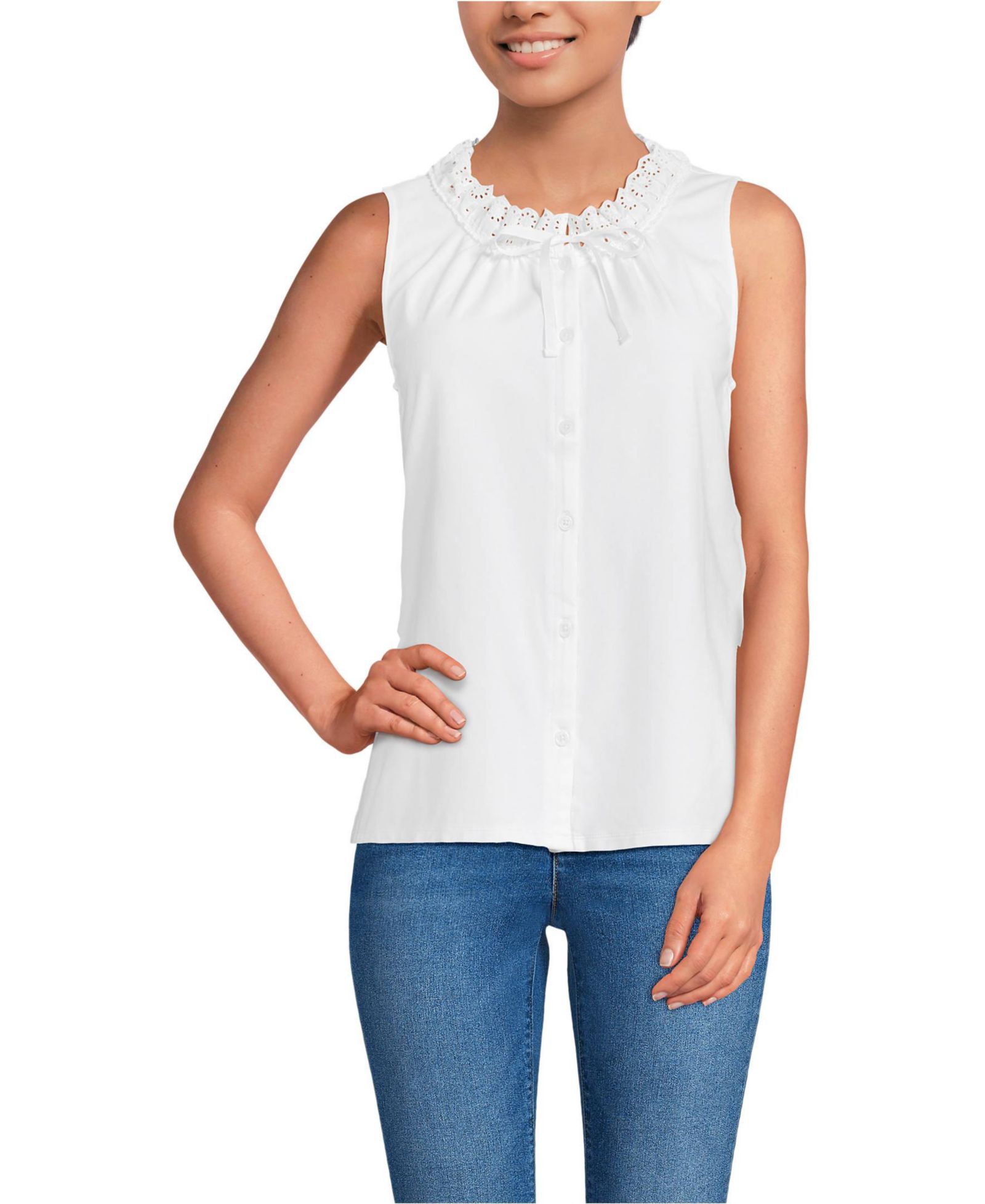 Lands' End Women's Lightweight Jersey Button Front Lace Trim Tank