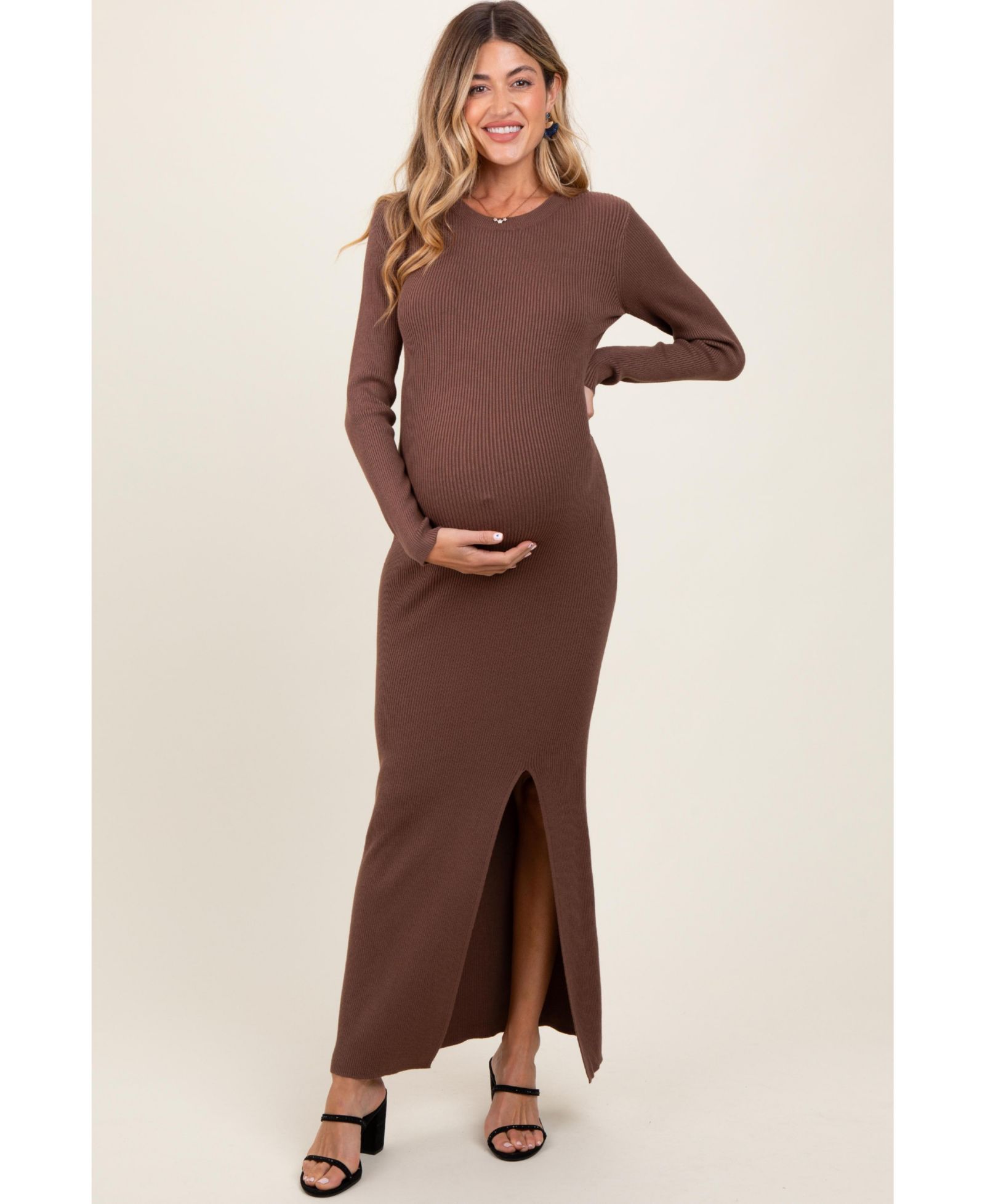 Женское платье Pinkblush Mocha Ribbed Knit Long Sleeve Side Slit Maxi
