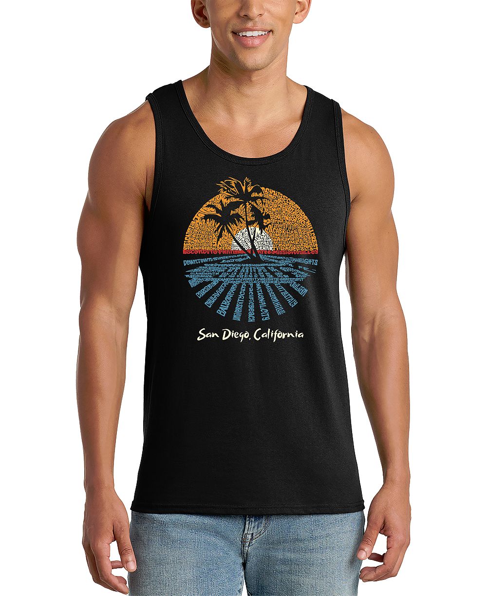 LA Pop Art Men's Sunset Palm Tree Beach Scene Word Art Graphic Tank Top