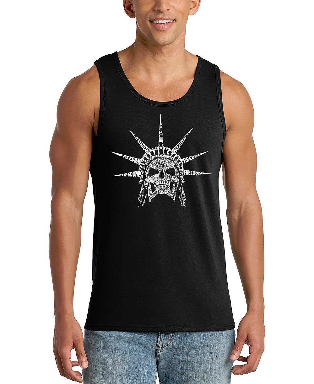 LA Pop Art Men's Skull Statue Liberty Crown Spikes Word Art Graphic Tank Top
