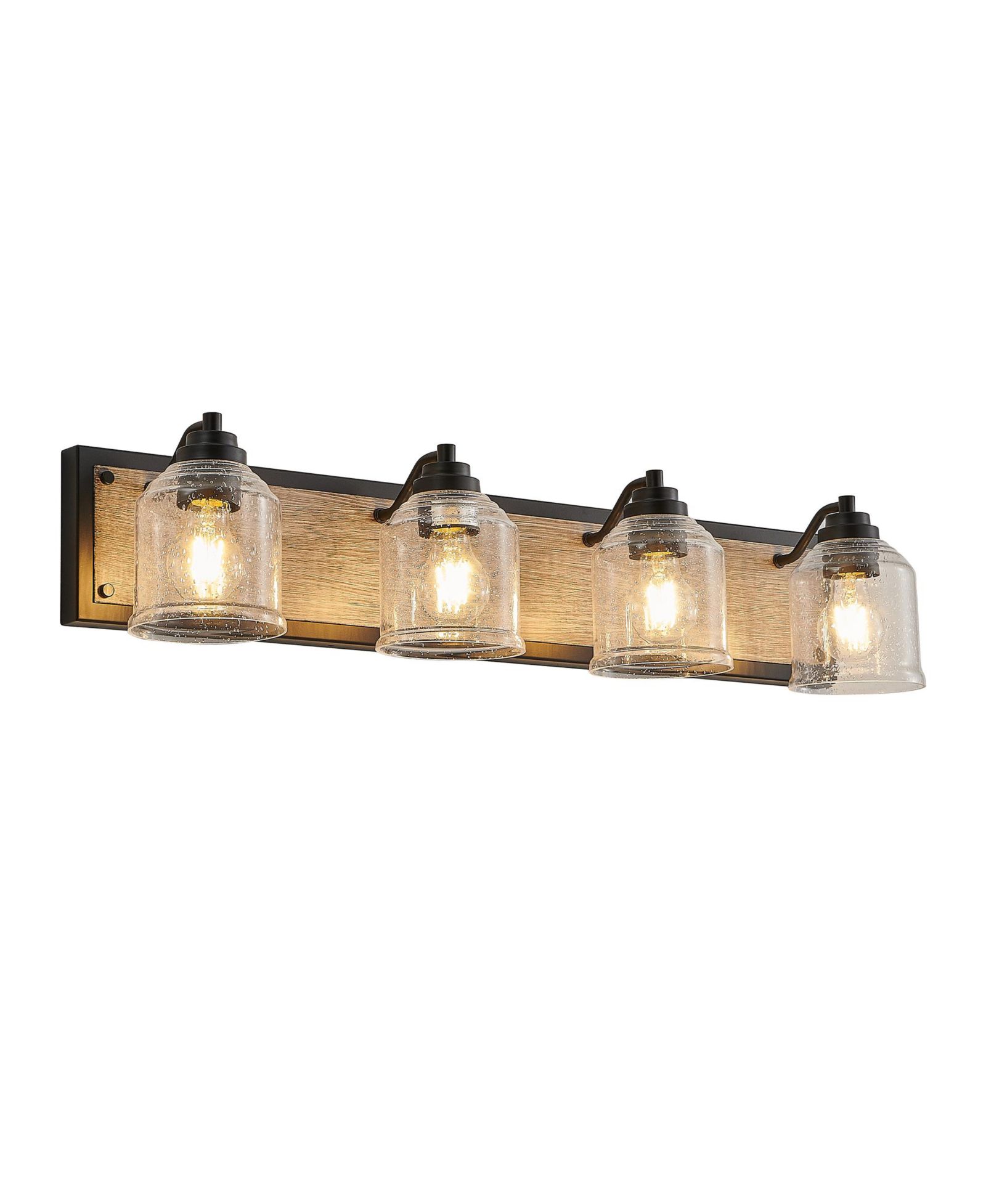 BUSDAYS 32 Inch Farmhouse Vanity Light Fixture 4 Light Bathroom Wall Sconce with Clear Seeded Glass Shades and Wood Grain Finish